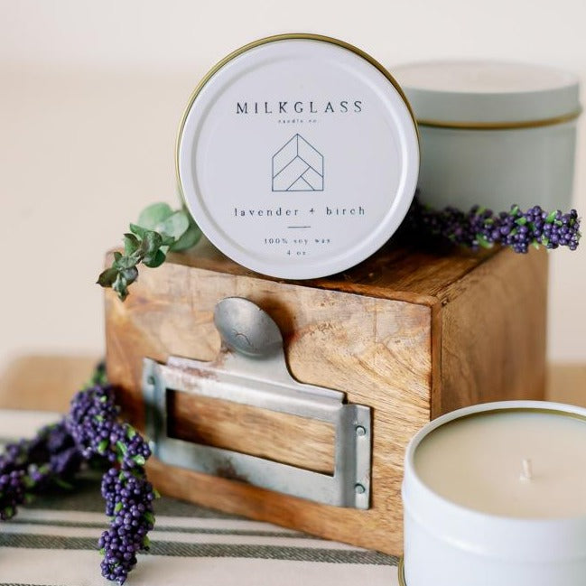 Milkglass Lavender and Birch 4 oz tin hand poured soy candle lead free no toxins