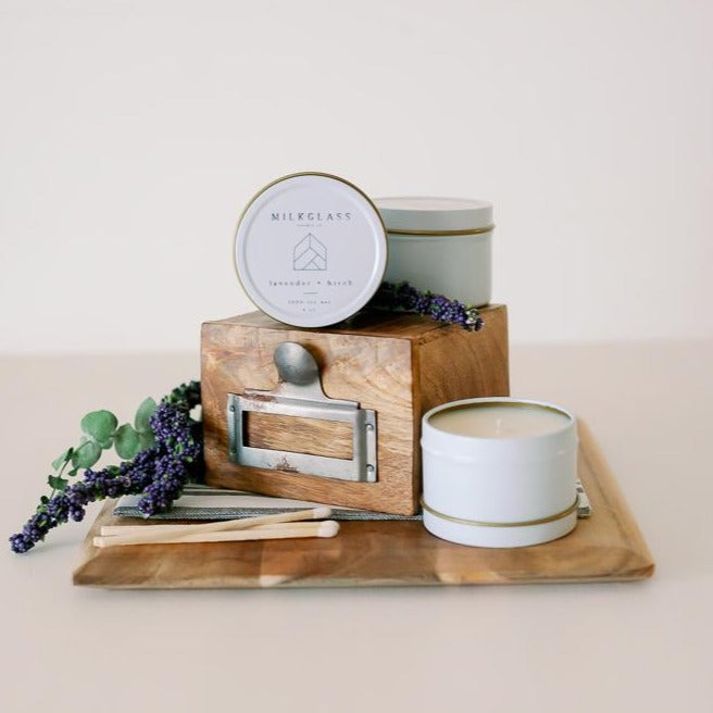 Milkglass Lavender and Birch 4 oz tin hand poured soy candle lead free toxin free