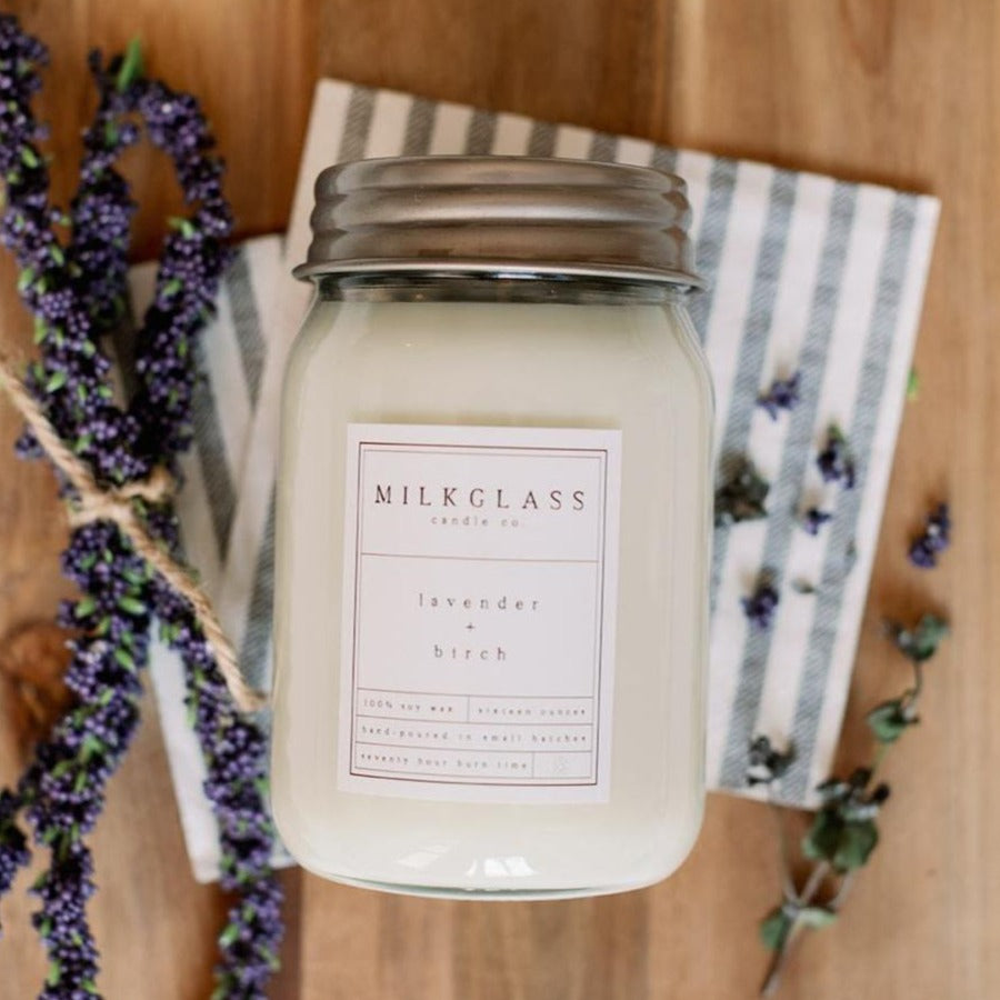 Lavender Candles Birch Hand Poured Soy Milkglass